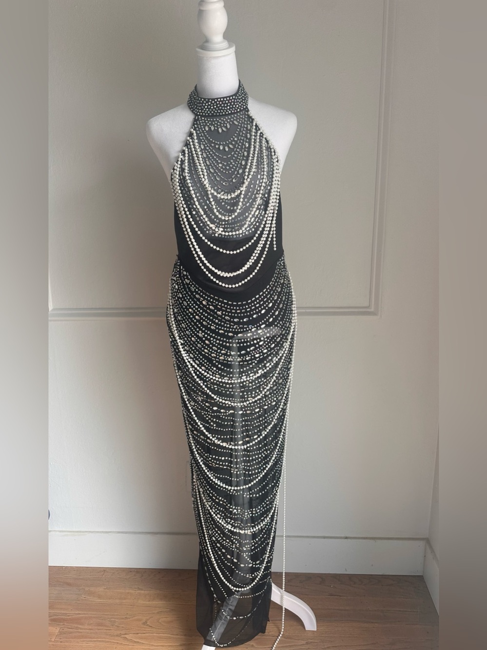Embellished pearl mesh maxi halter dress | medium